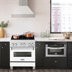 Modern kitchen with a ZLINE 30 in. 4.0 cu. ft. Legacy Dual Fuel Range with 4 Burner Gas Cooktop and Electric Convection Oven in Satin Stainless Steel and White Matte Door (RAS-WM-30) and black cabinets.