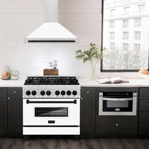 ZLINE Autograph Edition Convertible Fingerprint Resistant DuraSnow® Stainless Steel Range Hood with White Matte Shell and Matte Black Handle (KB4SNZ-WM-MB) in a luxury compact kitchen with matching range and microwave, front.