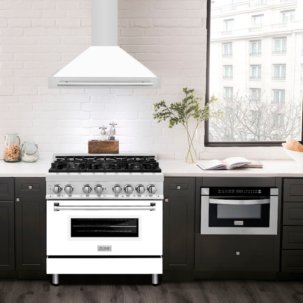 ZLINE 36 in. Convertible Stainless Steel Range Hood with White Matte Shell and Stainless Steel Handle (KB4STX-WM-36)