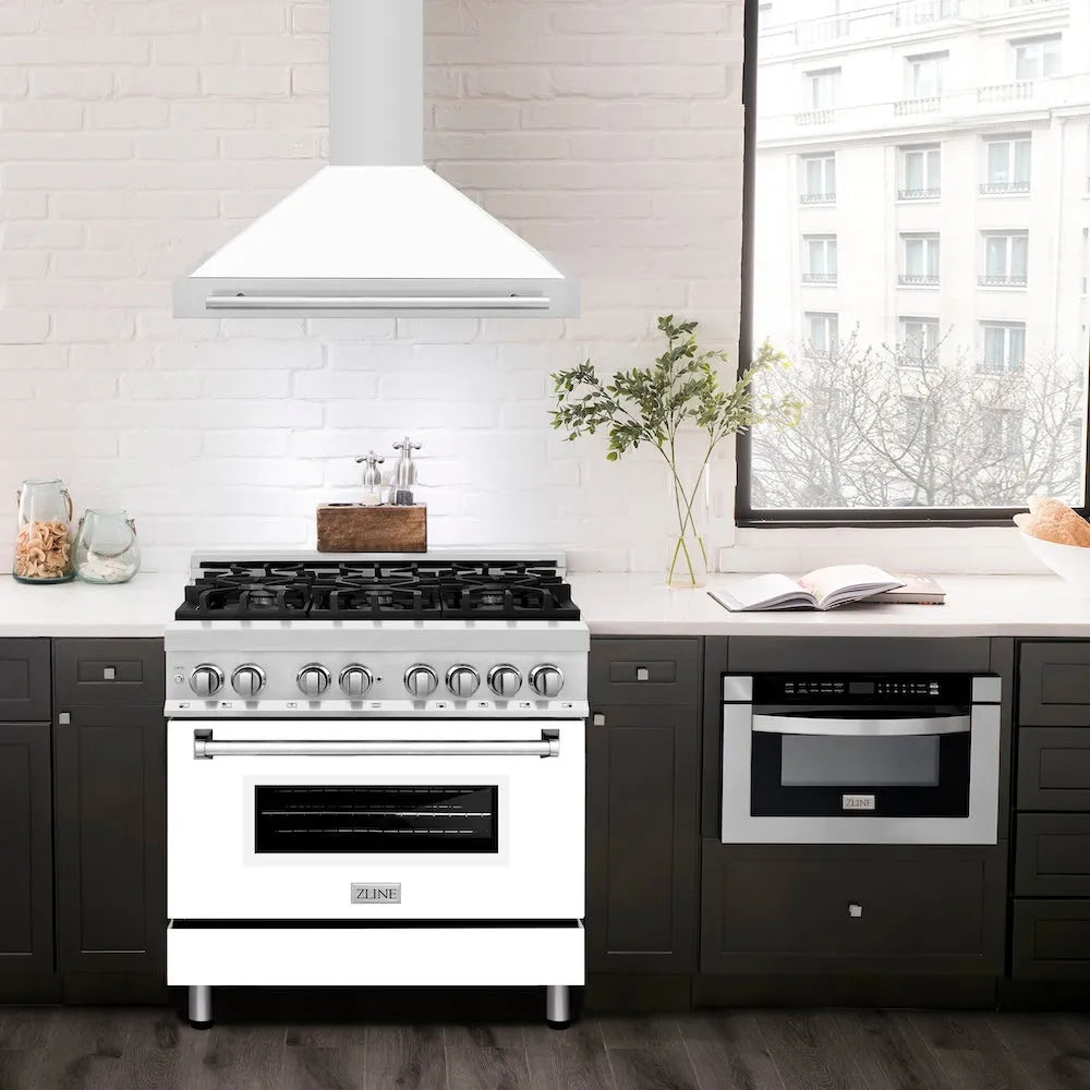 ZLINE 36 in. Convertible Stainless Steel Range Hood with White Matte Shell and Stainless Steel Handle (KB4STX-WM-36)