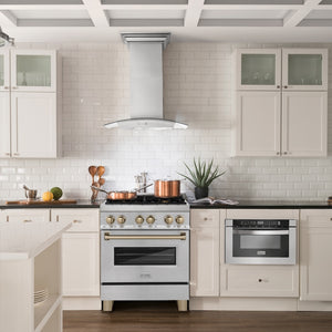 ZLINE Autograph Edition 30 in. 4.0 cu. ft. Legacy Dual Fuel Range with 4 Burner Gas Cooktop and Electric Convection Oven in Satin Stainless Steel and Champagne Bronze Accents (RASZ-SN-30-CB)