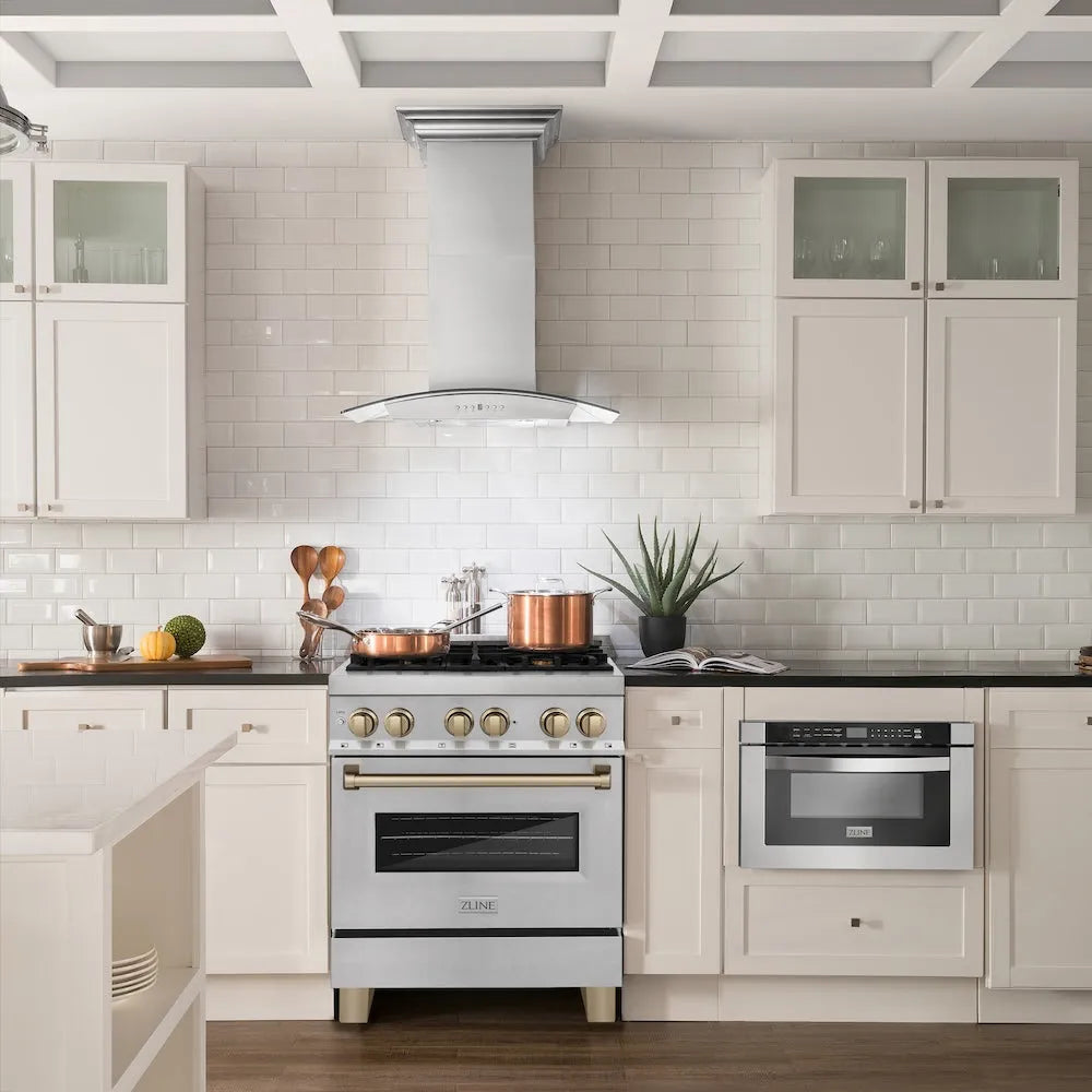 Farmhouse kitchen with ZLINE Autograph Edition 30 in. 4.0 cu. ft. Legacy Dual Fuel Range with 4 Burner Gas Cooktop and Electric Convection Oven in Satin Stainless Steel and Champagne Bronze Accents (RASZ-SN-30-CB) and black countertops