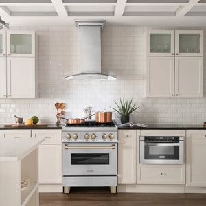 Farmhouse kitchen with ZLINE Autograph Edition 30 in. 4.0 cu. ft. Legacy Dual Fuel Range with 4 Burner Gas Cooktop and Electric Convection Oven in Satin Stainless Steel and Champagne Bronze Accents (RASZ-SN-30-CB) and black countertops