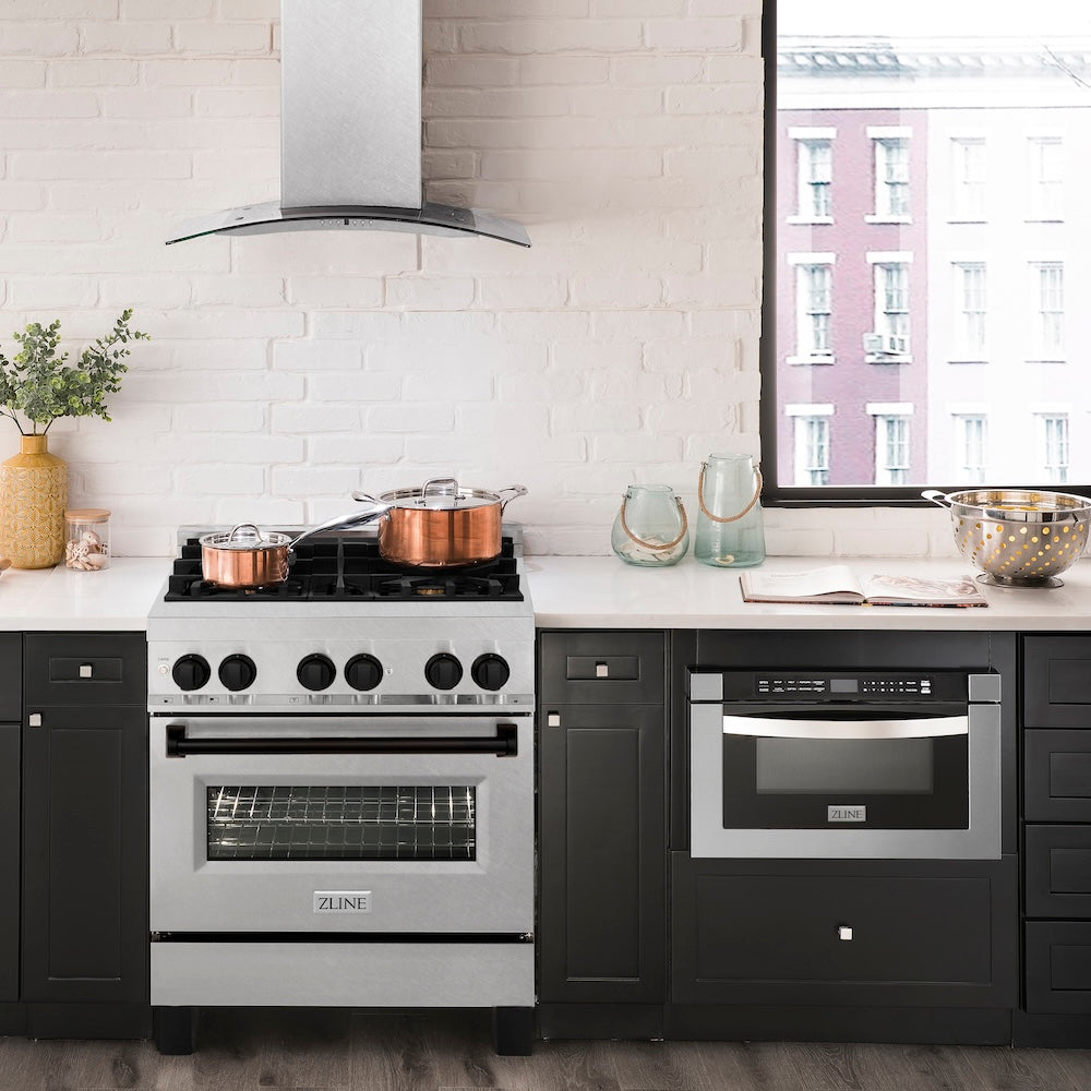 ZLINE Autograph Edition 30 in. 4.0 cu. ft. Legacy Dual Fuel Range with 4 Burner Gas Cooktop and Electric Convection Oven in Satin Stainless Steel and Matte Black Accents (RASZ-SN-30-MB) front, oven closed.