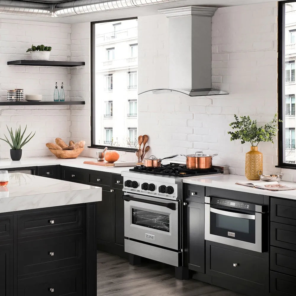ZLINE Autograph Edition 30 in. 4.0 cu. ft. Legacy Dual Fuel Range with 4 Burner Gas Cooktop and Electric Convection Oven in Satin Stainless Steel and Matte Black Accents (RASZ-SN-30-MB) side.