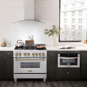 Modern kitchen with a ZLINE Autograph Edition 36 in. 4.6 cu. ft. Legacy Dual Fuel Range with 6 Burner Gas Cooktop and Electric Convection Oven in Satin Stainless Steel and Champagne Bronze Accents (RASZ-SN-36-CB) and black cabinets