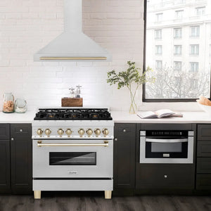 ZLINE Autograph Edition 36 in. Convertible Satin Stainless Steel Wall Mount Range Hood with Polished Gold Handle (KB4SNZ-36-G)