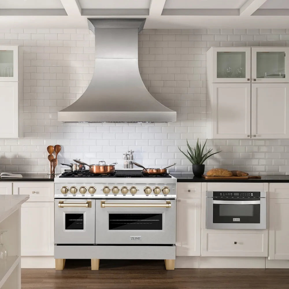 ZLINE Autograph Edition 48 in. 6.0 cu. ft. Legacy Dual Fuel Range with 7 Burner Gas Cooktop and 2 Electric Ovens in Satin Stainless Steel and Polished Gold Accents (RASZ-SN-48-G)