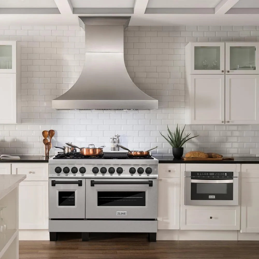 Farmhouse kitchen with ZLINE Autograph Edition 48 in. 6.0 cu. ft. Legacy Dual Fuel Range with 7 Burner Gas Cooktop and 2 Electric Ovens in Satin Stainless Steel and Matte Black Accents (RASZ-SN-48-MB) and white cabinets