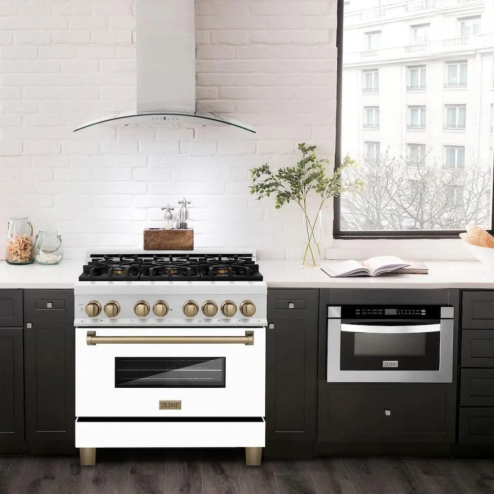 ZLINE Autograph Edition 36 in. 4.6 cu. ft. Legacy Dual Fuel Range with 6 Burner Gas Cooktop and Electric Convection Oven in Satin Stainless Steel with White Matte Door and Champagne Bronze Accents (RASZ-WM-36-CB) in a modern kitchen