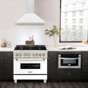 ZLINE Autograph Edition 36 in. Convertible Satin Stainless Steel Wall Mount Range Hood with White Matte Shell and Polished Gold Handle (KB4SNZ-WM36-G)