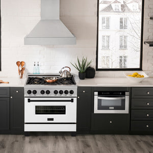 ZLINE Autograph Edition 36 in. 4.6 cu. ft. Legacy Dual Fuel Range with 6 Burner Gas Cooktop and Electric Convection Oven in Satin Stainless Steel with White Matte Door and Matte Black Accents (RASZ-WM-36-MB) in a kitchen with white countertops, and a window view.