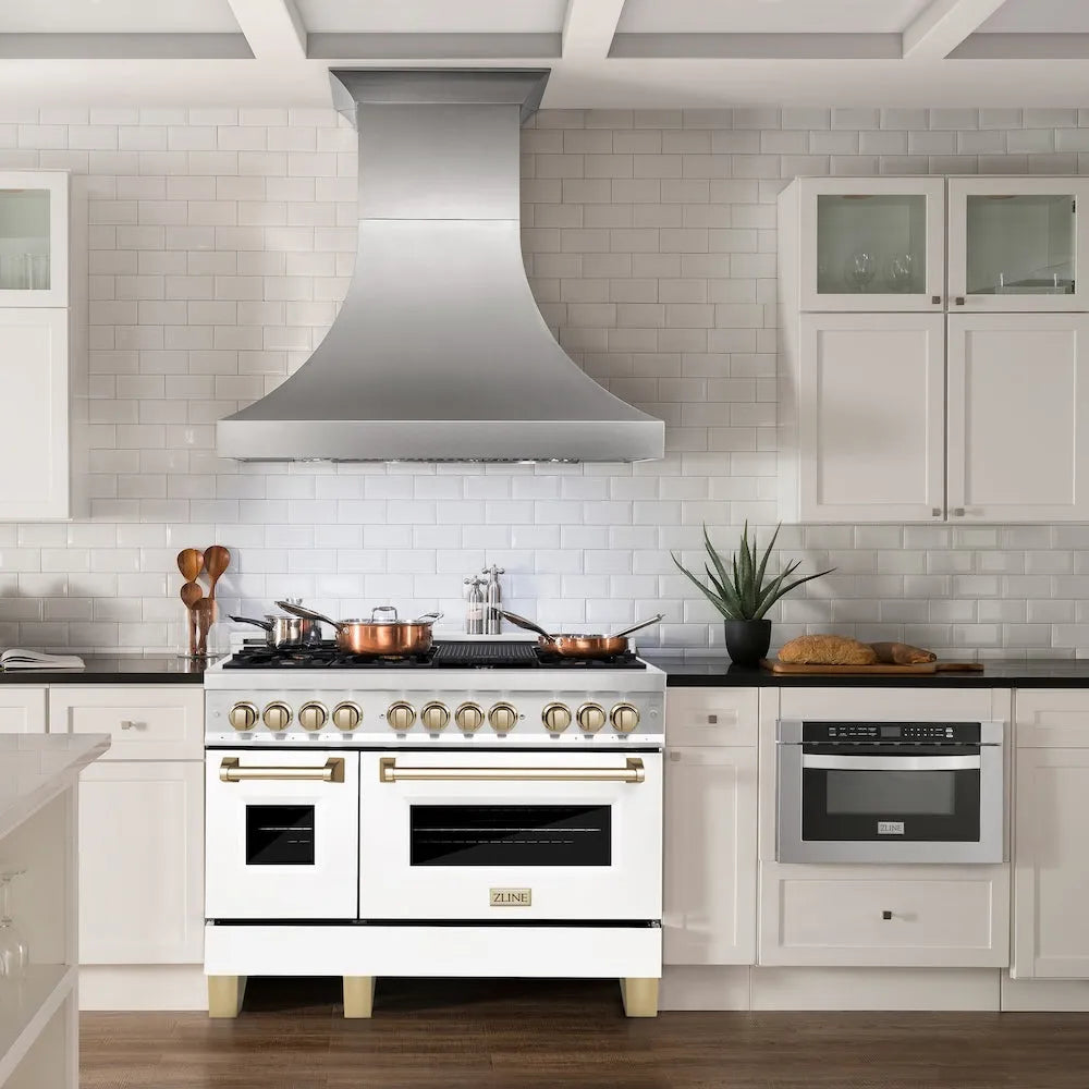 Farmhouse kitchen with ZLINE Autograph Edition 48 in. 6.0 cu. ft. Legacy Dual Fuel Range with 7 Burner Gas Cooktop and 2 Electric Ovens in Satin Stainless Steel with White Matte Doors and Polished Gold Accents (RASZ-WM-48-G) and silver hood