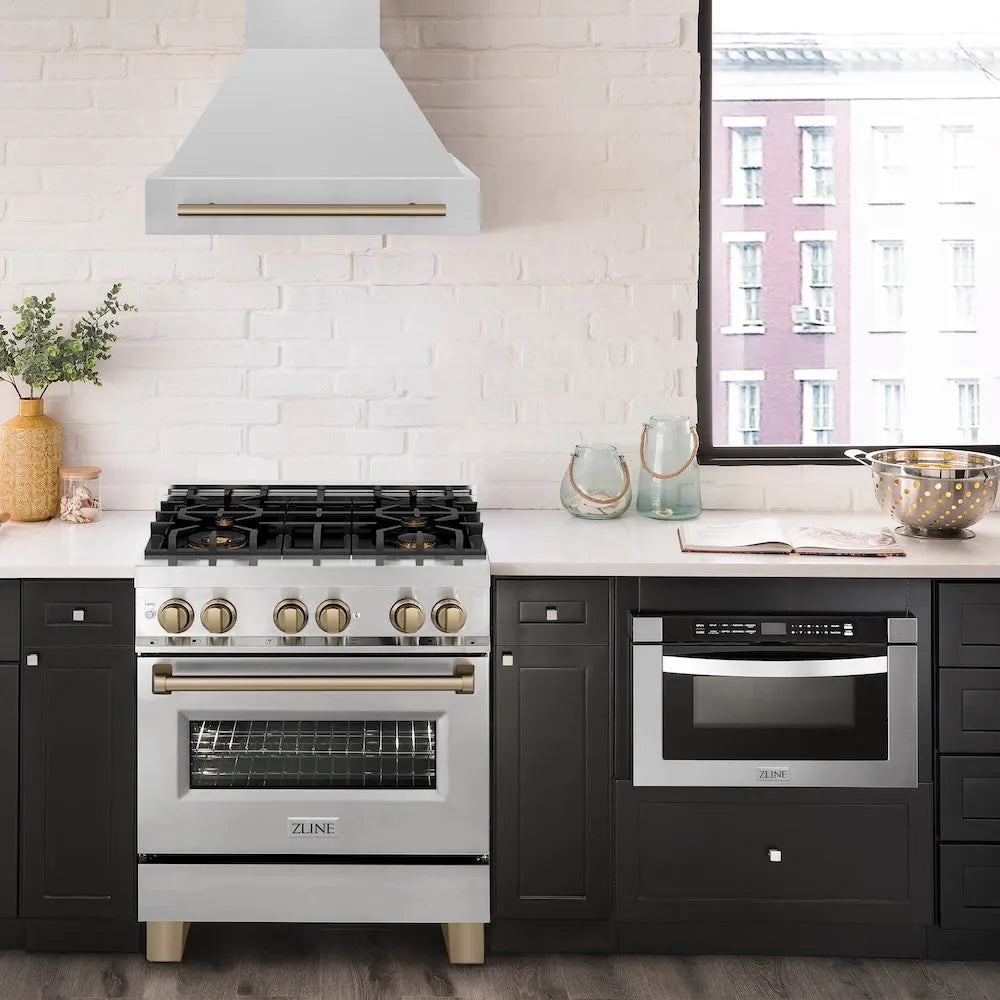 ZLINE Autograph Edition 30 in. Stainless Steel Range Hood with Stainless Steel Shell and Champagne Bronze Handle (8654STZ-30-CB)
