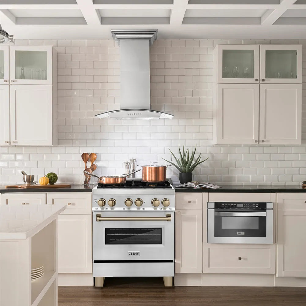 Farmhouse kitchen with white cabinets and a ZLINE Autograph Edition 30 in. 4.0 cu. ft. Legacy Dual Fuel Range with 4 Burner Gas Cooktop and Electric Convection Oven in Stainless Steel and Champagne Bronze Accents (RAZ-30-CB)