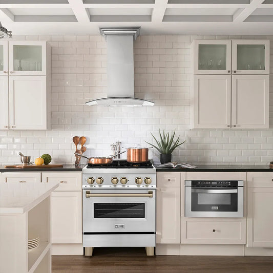 Farmhouse kitchen with white cabinets and a ZLINE Autograph Edition 30 in. 4.0 cu. ft. Legacy Dual Fuel Range with 4 Burner Gas Cooktop and Electric Convection Oven in Stainless Steel and Champagne Bronze Accents (RAZ-30-CB)