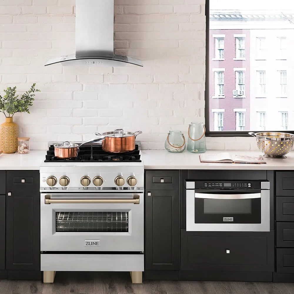 Modern kitchen with a ZLINE Autograph Edition 30 in. 4.0 cu. ft. Legacy Dual Fuel Range with 4 Burner Gas Cooktop and Electric Convection Oven in Stainless Steel and Champagne Bronze Accents (RAZ-30-CB) and black cabinets