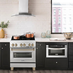 Modern kitchen with a ZLINE Autograph Edition 30 in. 4.0 cu. ft. Legacy Dual Fuel Range with 4 Burner Gas Cooktop and Electric Convection Oven in Stainless Steel and Champagne Bronze Accents (RAZ-30-CB) and black cabinets