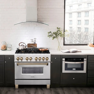 Modern kitchen with a ZLINE Autograph Edition 36 in. 4.6 cu. ft. Legacy Dual Fuel Range with 6 Burner Gas Cooktop and Electric Convection Oven in Stainless Steel and Polished Gold Accents (RAZ-36-G)