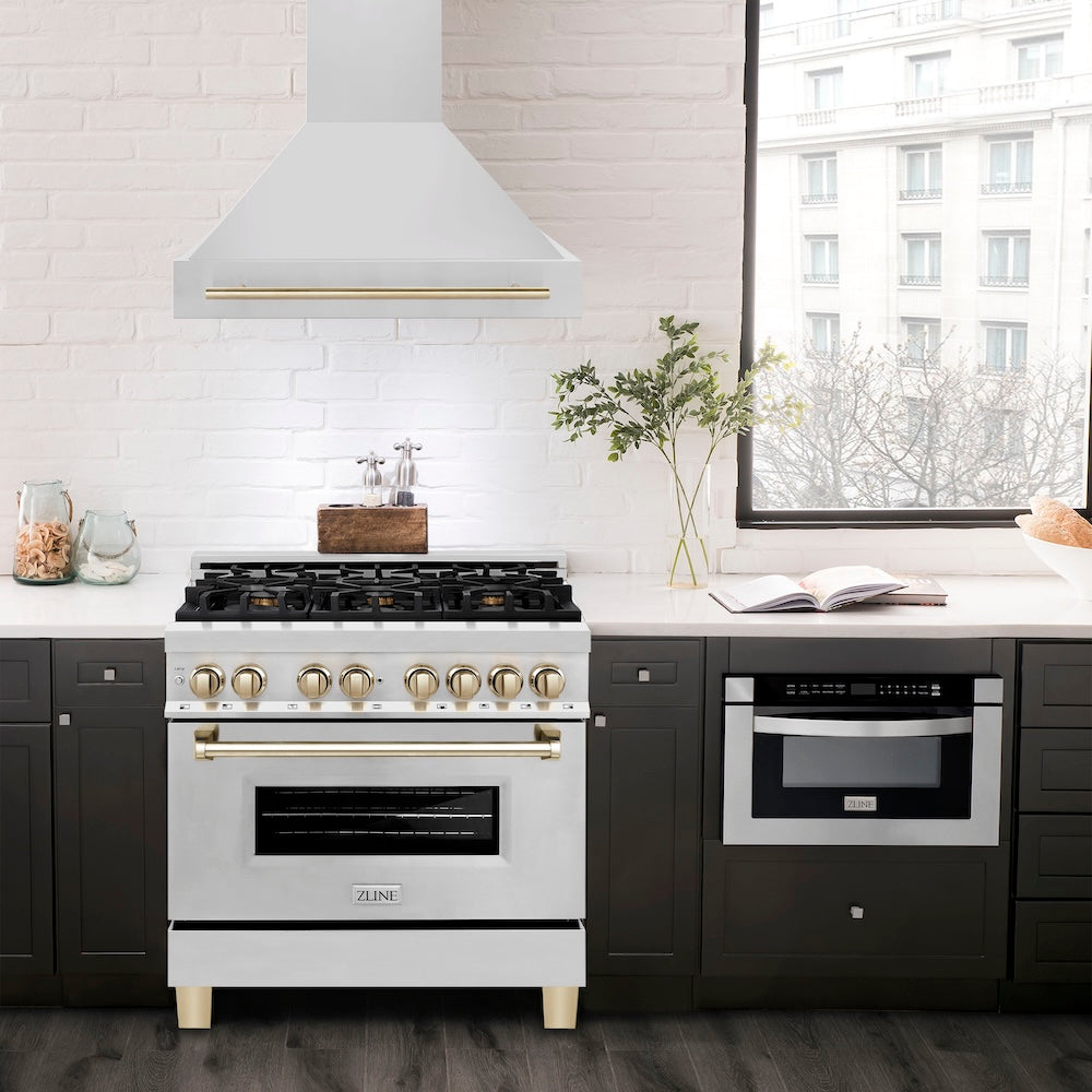 ZLINE Autograph Edition 36 in. Stainless Steel Range Hood with Stainless Steel Shell and Polished Gold Handle (8654STZ-36-G)