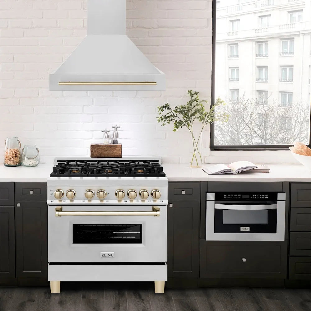 ZLINE Autograph Edition 36 in. Stainless Steel Range Hood with Stainless Steel Shell and Polished Gold Handle (8654STZ-36-G)