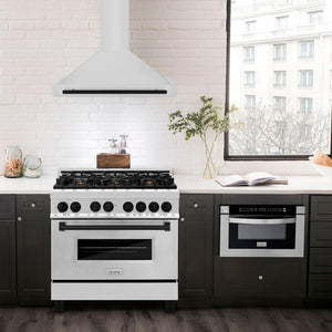 ZLINE Autograph Edition Convertible Stainless Steel Range Hood with Stainless Steel Shell and Matte Black Accents (KB4STZ-MB) in a luxury compact kitchen with matching range and microwave, front.