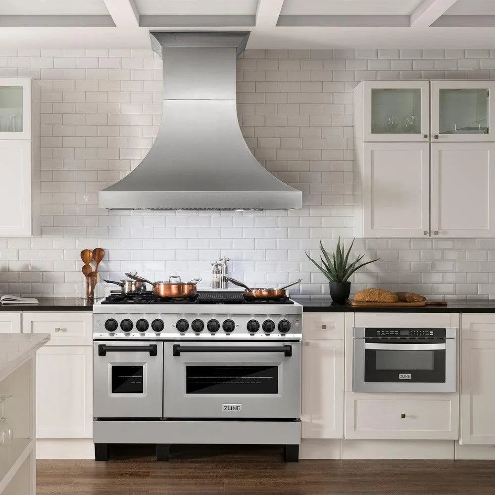 ZLINE Autograph Edition 48 in. 6.0 cu. ft. Legacy Dual Fuel Range with 7 Burner Gas Cooktop and 2 Electric Ovens in Stainless Steel and Matte Black Accents (RAZ-48-MB) in a luxury kitchen with matching appliances.
