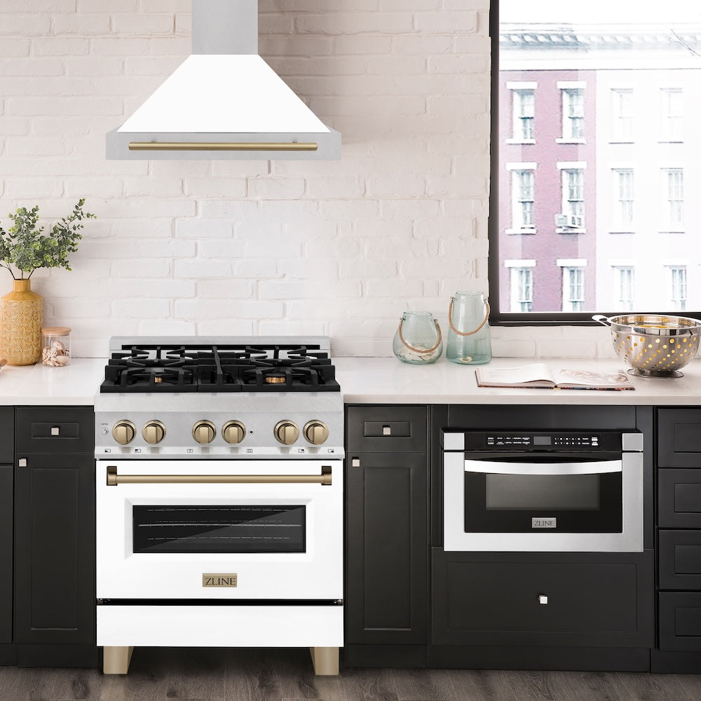 ZLINE Autograph Edition 30 in. Convertible Satin Stainless Steel Wall Mount Range Hood with White Matte Shell and Champagne Bronze Handle (KB4SNZ-WM30-CB)