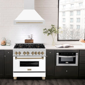 ZLINE Autograph Edition 36 in. Satin Stainless Steel Wall Mount Range Hood with White Matte Shell and Champagne Bronze Handle (8654SNZ-WM36-CB)