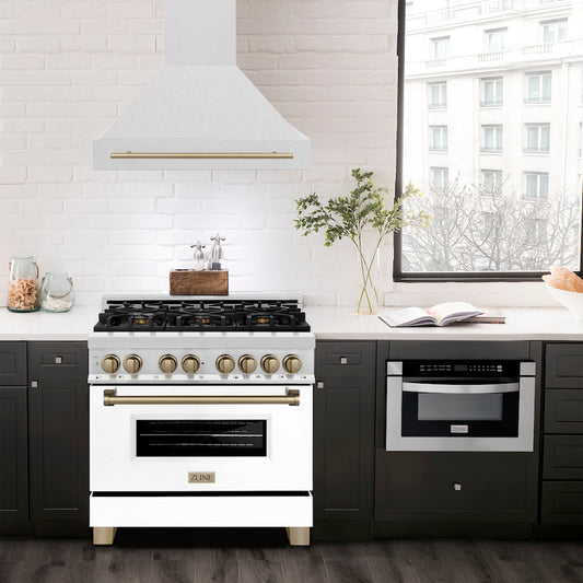 ZLINE Autograph Edition 36 in. Satin Stainless Steel Wall Mount Range Hood with Champagne Bronze Handle (8654SNZ-36-CB)