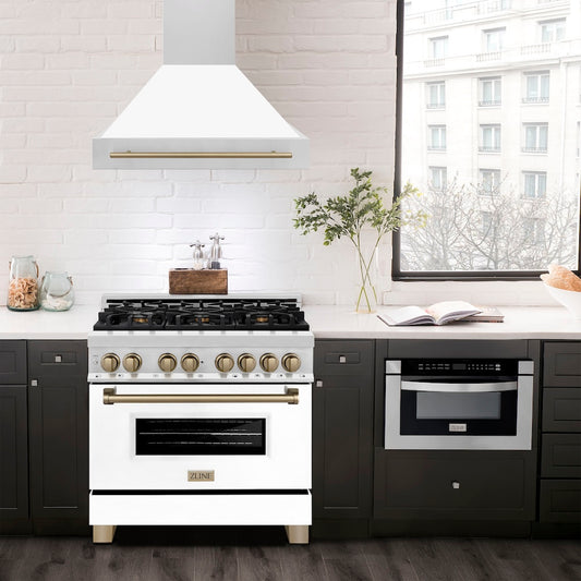 ZLINE Autograph Edition 36 in. Stainless Steel Range Hood with White Matte Shell and Champagne Bronze Handle (8654STZ-WM36-CB)