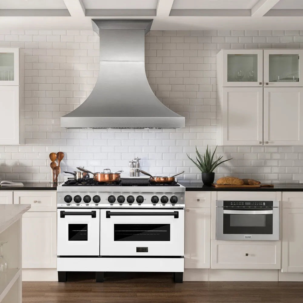 ZLINE Autograph Edition 48 in. 6.0 cu. ft. Legacy Dual Fuel Range with 7 Burner Gas Cooktop and 2 Electric Ovens in Stainless Steel with White Matte Doors and Matte Black Accents (RAZ-WM-48-MB) in a luxury kitchen.