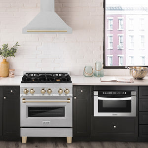 ZLINE Autograph Edition 30 in. Convertible Satin Stainless Steel Wall Mount Range Hood with Polished Gold Handle (KB4SNZ-30-G)