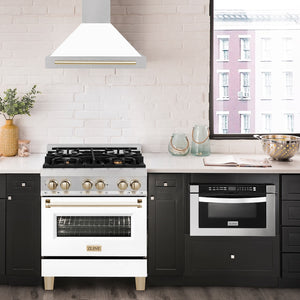 ZLINE Autograph Edition 30 in. Convertible Satin Stainless Steel Wall Mount Range Hood with White Matte Shell and Polished Gold Handle (KB4SNZ-WM30-G)