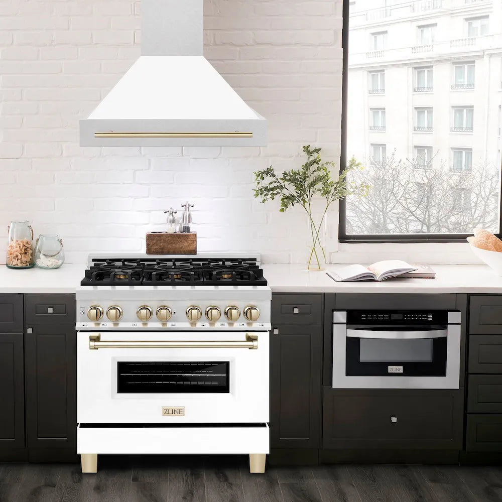 ZLINE Autograph Edition 36 in. Satin Stainless Steel Wall Mount Range Hood with White Matte Shell and Polished Gold Handle (8654SNZ-WM36-G)