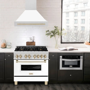 ZLINE Autograph Edition 36 in. Satin Stainless Steel Wall Mount Range Hood with White Matte Shell and Polished Gold Handle (8654SNZ-WM36-G)