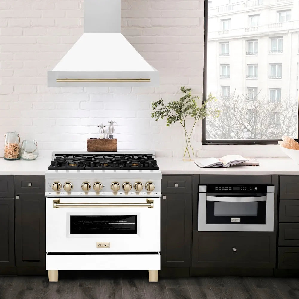 ZLINE Autograph Edition 36 in. Stainless Steel Range Hood with White Matte Shell and Polished Gold Handle (8654STZ-WM36-G)