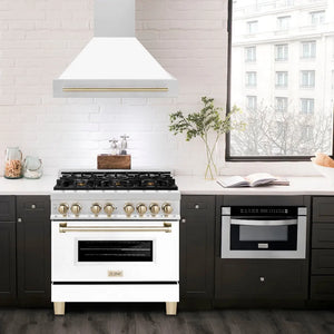 ZLINE Autograph Edition 36 in. Stainless Steel Range Hood with White Matte Shell and Polished Gold Handle (8654STZ-WM36-G)