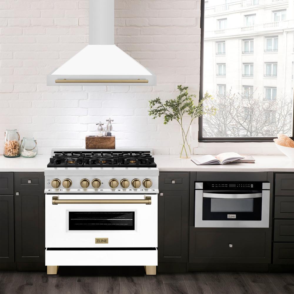 ZLINE Autograph Edition 36 in. Convertible Stainless Steel Range Hood with White Matte Shell and Champagne Bronze Accents (KB4STZ-WM36-CB)