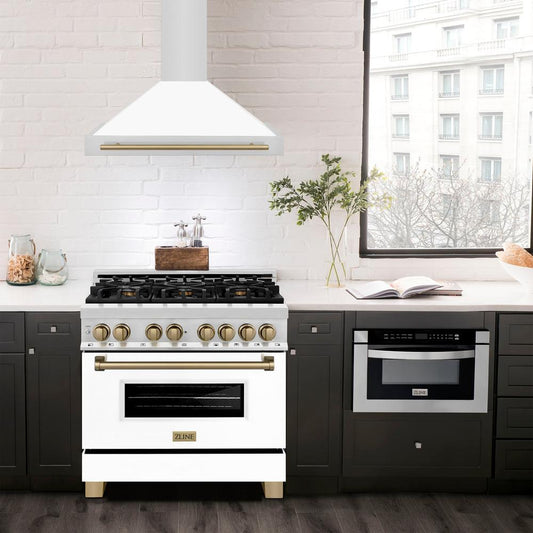 ZLINE Autograph Edition 36 in. Convertible Stainless Steel Range Hood with White Matte Shell and Champagne Bronze Accents (KB4STZ-WM36-CB)