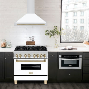 ZLINE Autograph Edition 36 in. Convertible Stainless Steel Range Hood with White Matte Shell and Polished Gold Accents (KB4STZ-WM36-G)