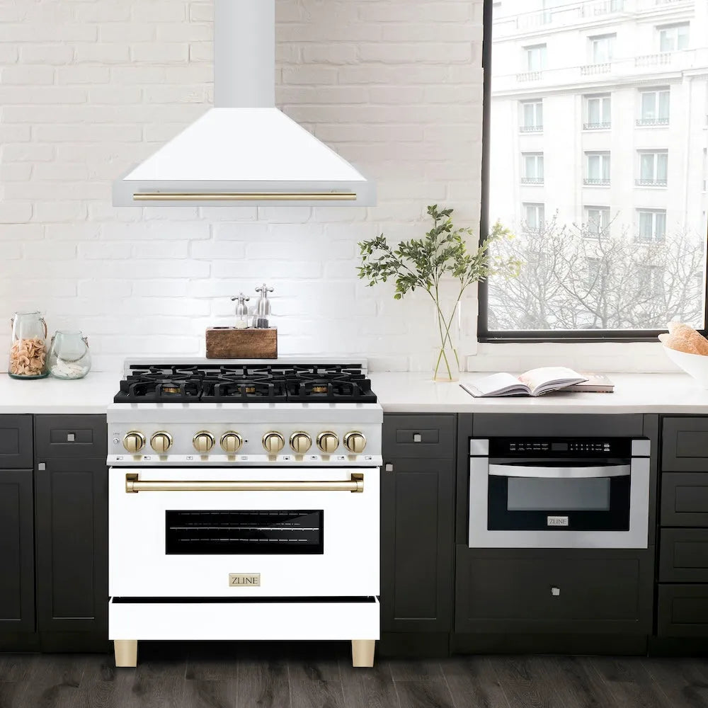 ZLINE Autograph Edition 36 in. Convertible Stainless Steel Range Hood with White Matte Shell and Polished Gold Accents (KB4STZ-WM36-G)