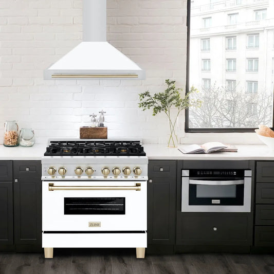 ZLINE Autograph Edition 36 in. Convertible Stainless Steel Range Hood with White Matte Shell and Polished Gold Accents (KB4STZ-WM36-G)