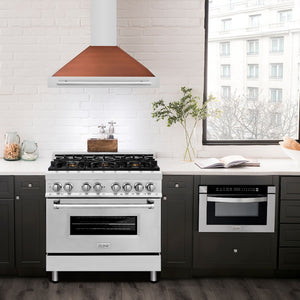 ZLINE 36 in. Convertible Stainless Steel Range Hood with Copper Shell and Stainless Steel Handle (KB4STX-C-36) in a modern apartment kitchen.