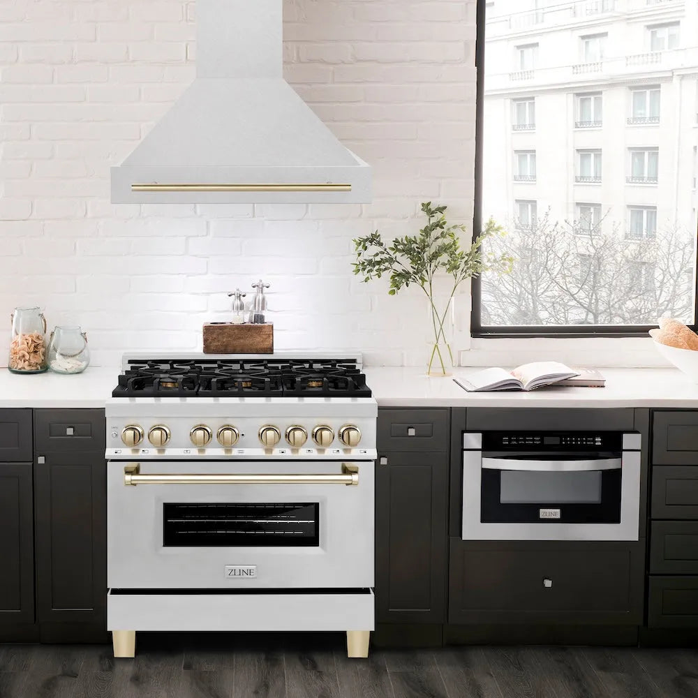 ZLINE Autograph Edition 36 in. Satin Stainless Steel Wall Mount Range Hood with Polished Gold Handle (8654SNZ-36-G)
