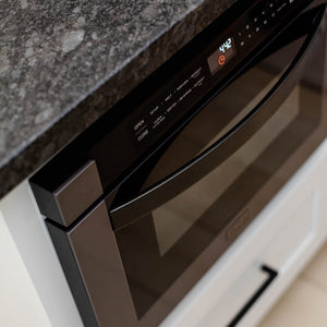 ZLINE 24 in. 1.2 cu. ft. Built-in Microwave Drawer in Black Stainless Steel (MWD-1-BS) digital display below a kitchen countertop