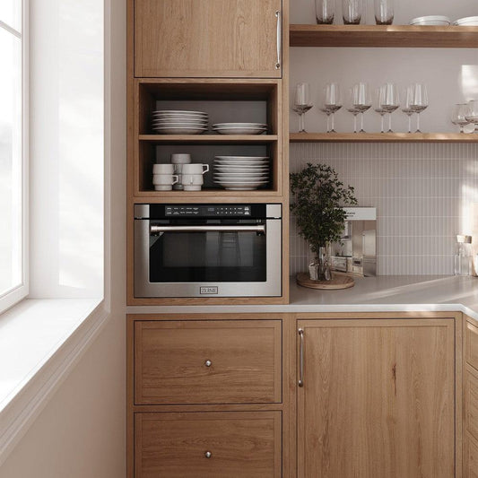 ZLINE 24 in. 1.2 cu. ft. Built-in Microwave Drawer with a Traditional Handle in Stainless Steel (MWD-1-H) in a modern butler's pantry with natural wood elements.