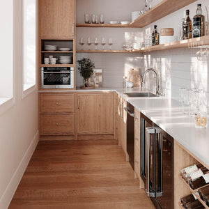 ZLINE Monet Kitchen Faucet in Chrome (MON-KF-CH) in a custom rustic kitchen, profile.