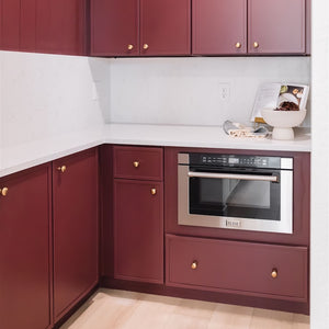 Luxury kitchen with maroon cabinets and ZLINE 24 in. 1.2 cu. ft. Built-in Microwave Drawer with a Traditional Handle in Stainless Steel (MWD-1-H)
