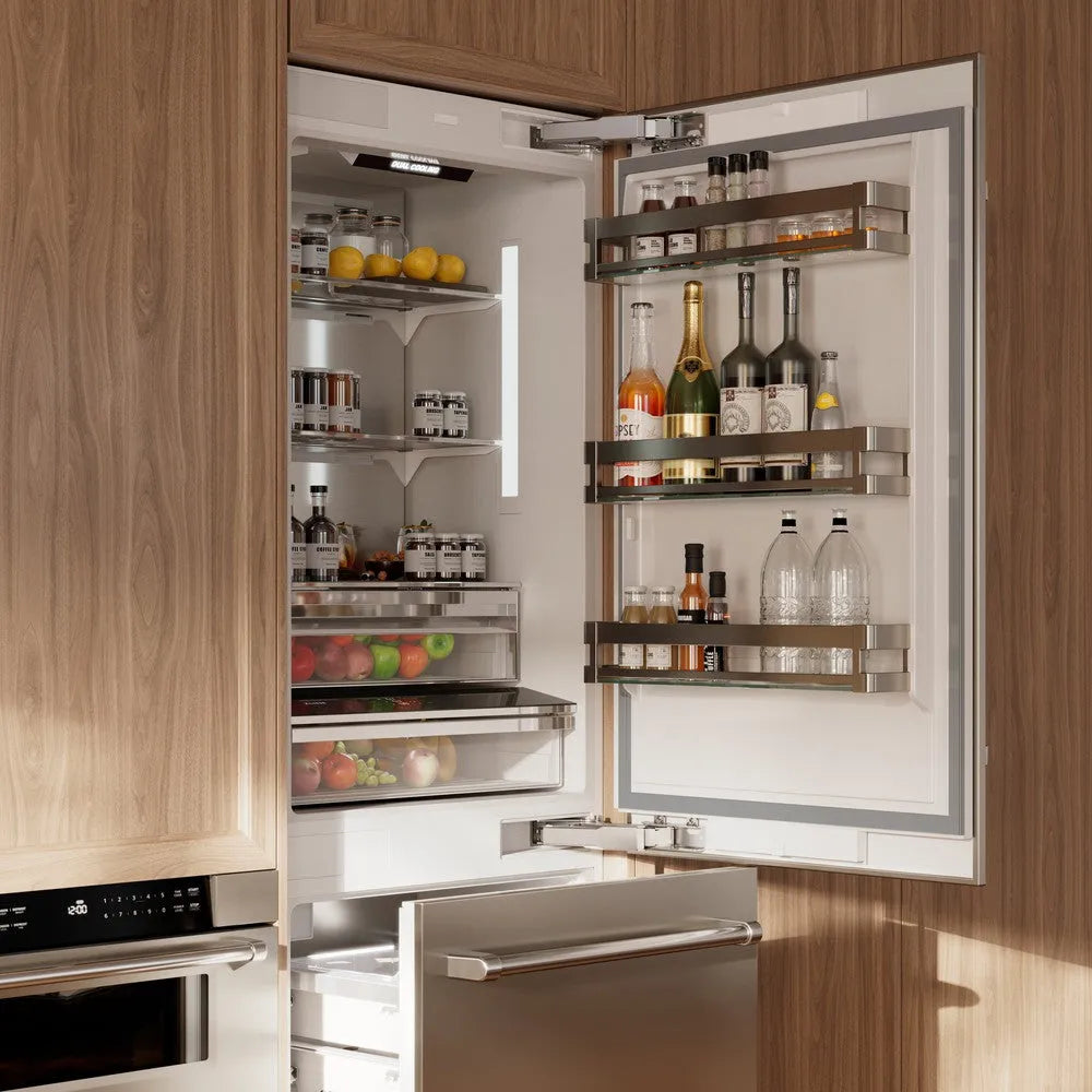 ZLINE 30 in. 16.1 cu. ft. Built-In Bottom Freezer Refrigerator with Water Dispenser and Ice Maker in Stainless Steel (RBIV-304-30) in a luxury kitchen.